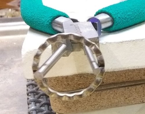 Judy Larson's Ripple Bracelet  - , Metalwork, Cutting, Cutting Tool, Cutters, Dapping, Dapping Jewelry, Filing, Finishing, Findings, Clasps, Components, Tumbling, Tumble, Tumbling Jewelry, Butane Torch, Soldering, Solder, Tools, Shape the links by using pliers to pull each ring into an oval shape.